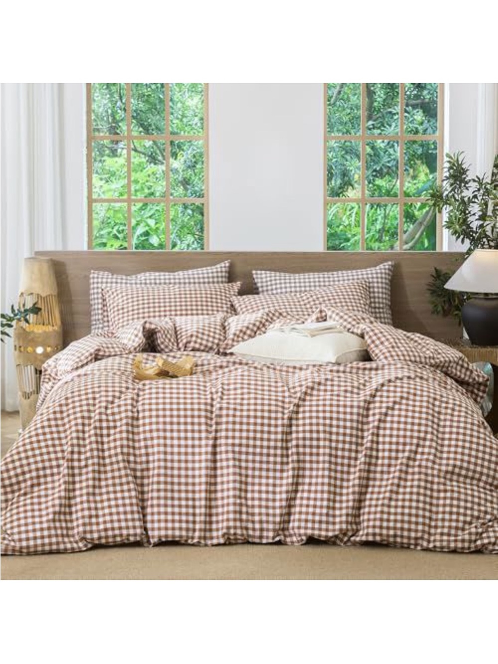 NEW MooMee Gingham Duvet Cover Set 100% Washed Cotton Linen Like Texture, King
